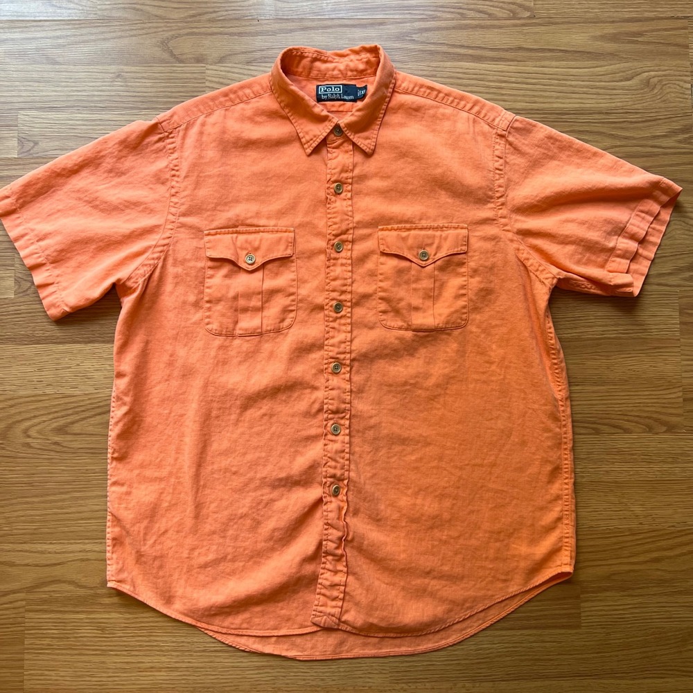 Polo Ralph Lauren Mens XL Orange Linen Cotton Safari Short Sleeve Button Shirt